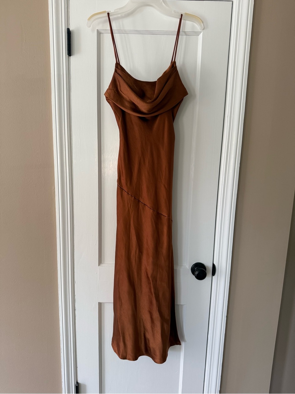 Selfie Leslie Rust Brown Satin Cowl Neck Midi Dress